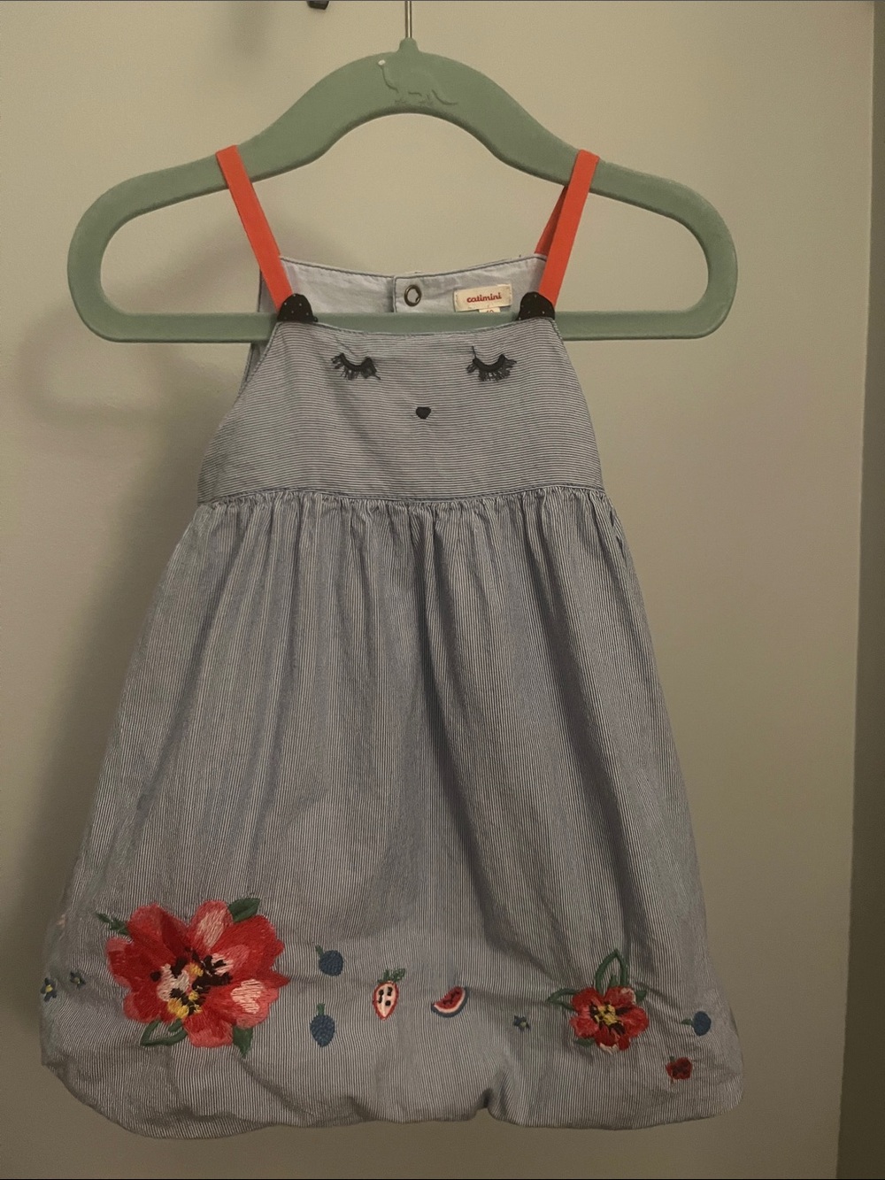 Catimini Blue and Orange Floral Embroidered Cotton One-Piece
